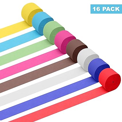 Krepppapier (16er-Pack) - Länge 28 Meter x 16 Crepe Deko Krepppapier Bunt Band in 8 Farben ( 2 jeder Farbe) - Kreppband Bunte
