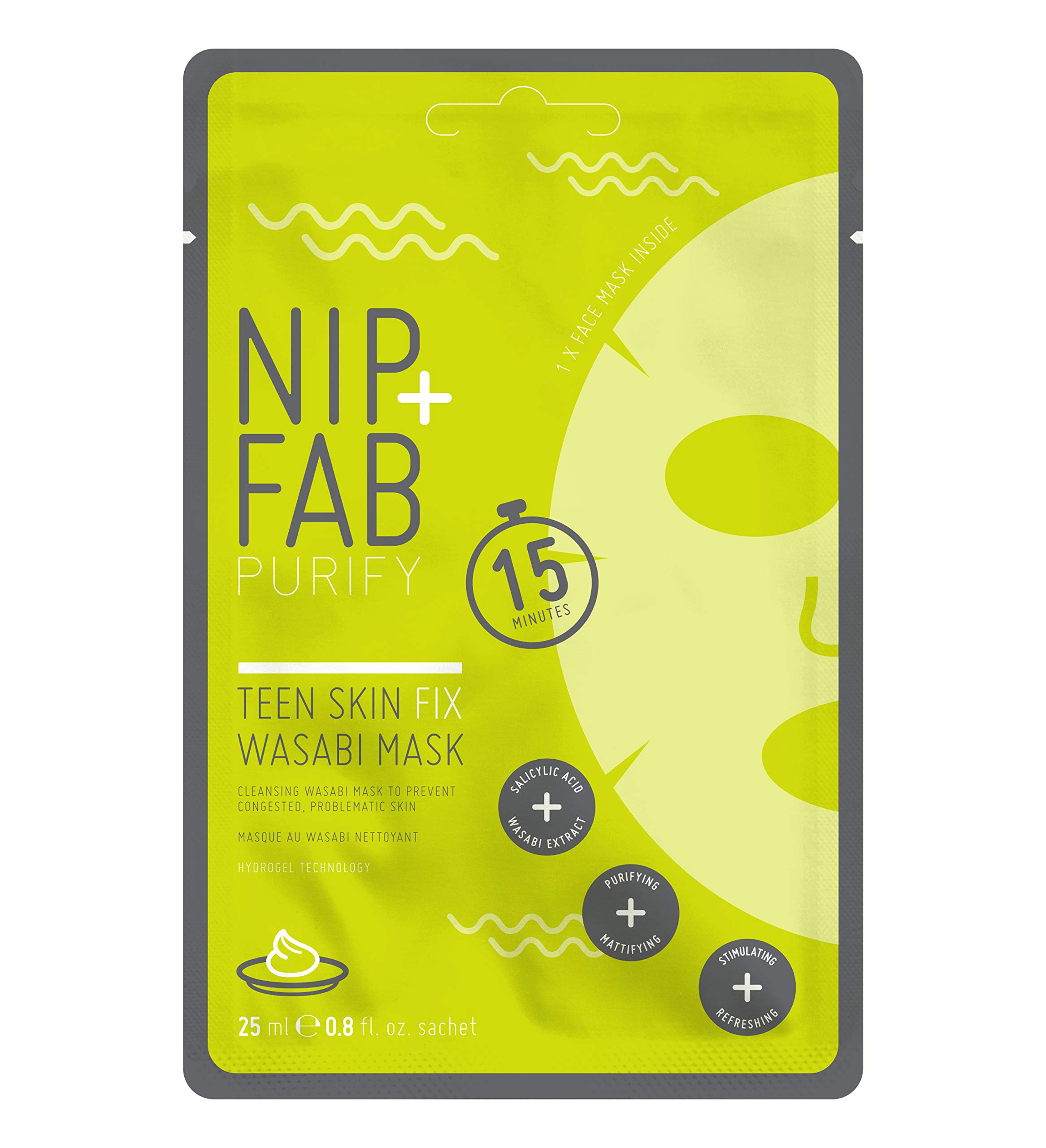 Nip+Fab Teen Skin Fix Sheet Mask | 25ml | Cleaning Wasabi Mask to Prevent Congested and Problematic Skin | Vegan & Cruelty-Free