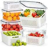 4 Pack Fruit Storage Containers for Fridge Set, BPA Free Produce Containers | for Fridge with Strainer, Plastic Reusable Fridge Organizers and Storage for Berry Salad Lettuce, Size 3.4, 1.8, 0.9, 0.4QT