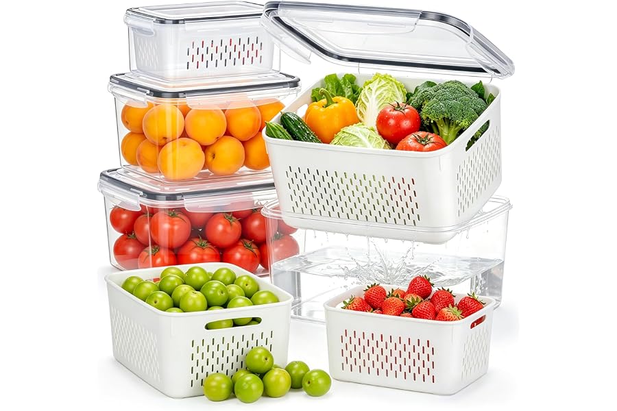 HOMETALL 4 Pack Fruit Storage Containers for Fridge Set, Produce Containers for Fridge with Strainer, Plastic Reusable Fridge Organizers and Storage for Berry Salad Lettuce, Size 3.4, 1.8, 0.9, 0.4QT