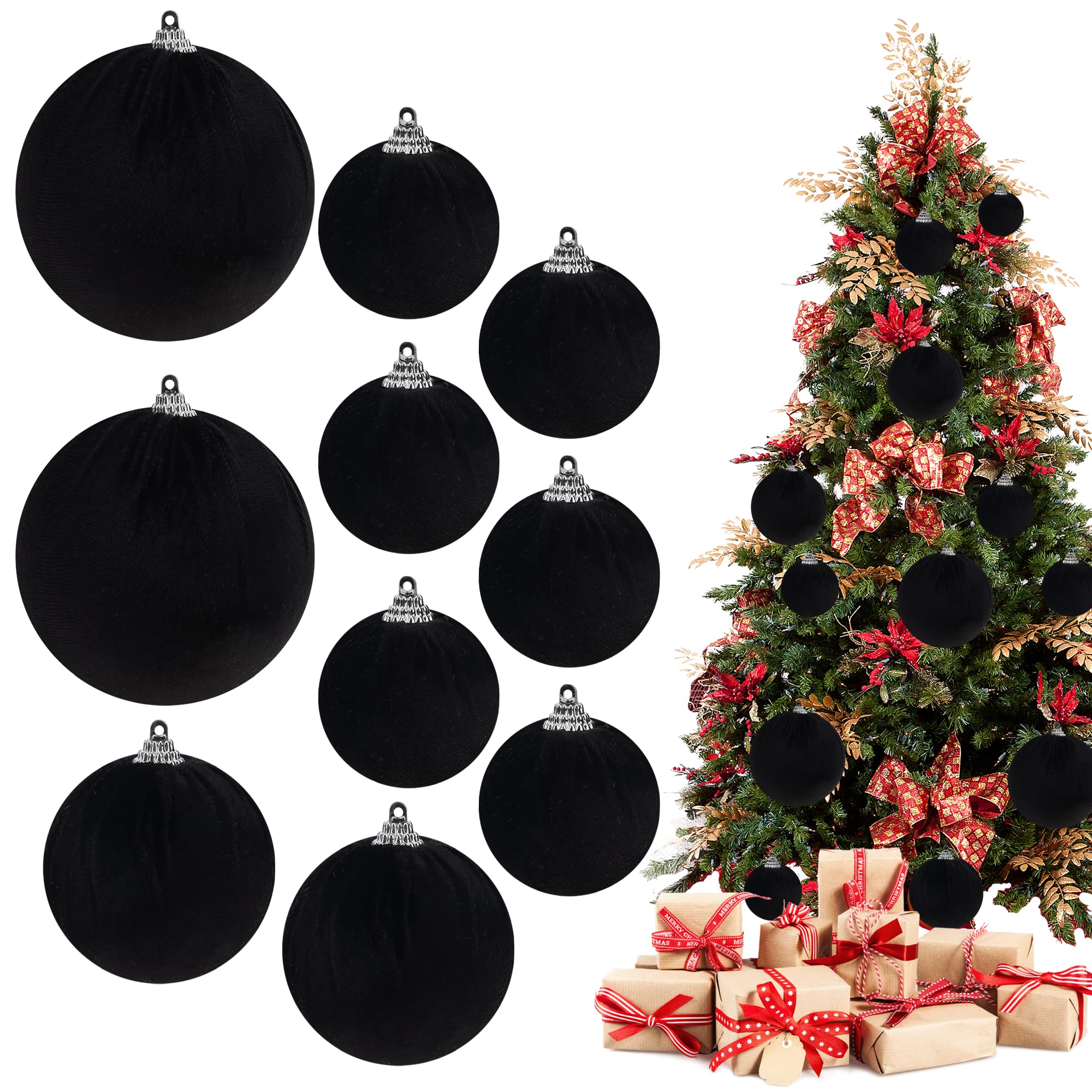 Funzhan 10pcs Black Velvet Baubles for Christmas Tree Decoration Velvet Balls Christmas Baubles Ornaments Flocked Shatterproof Hanging Ball Holiday Party Wedding Decor