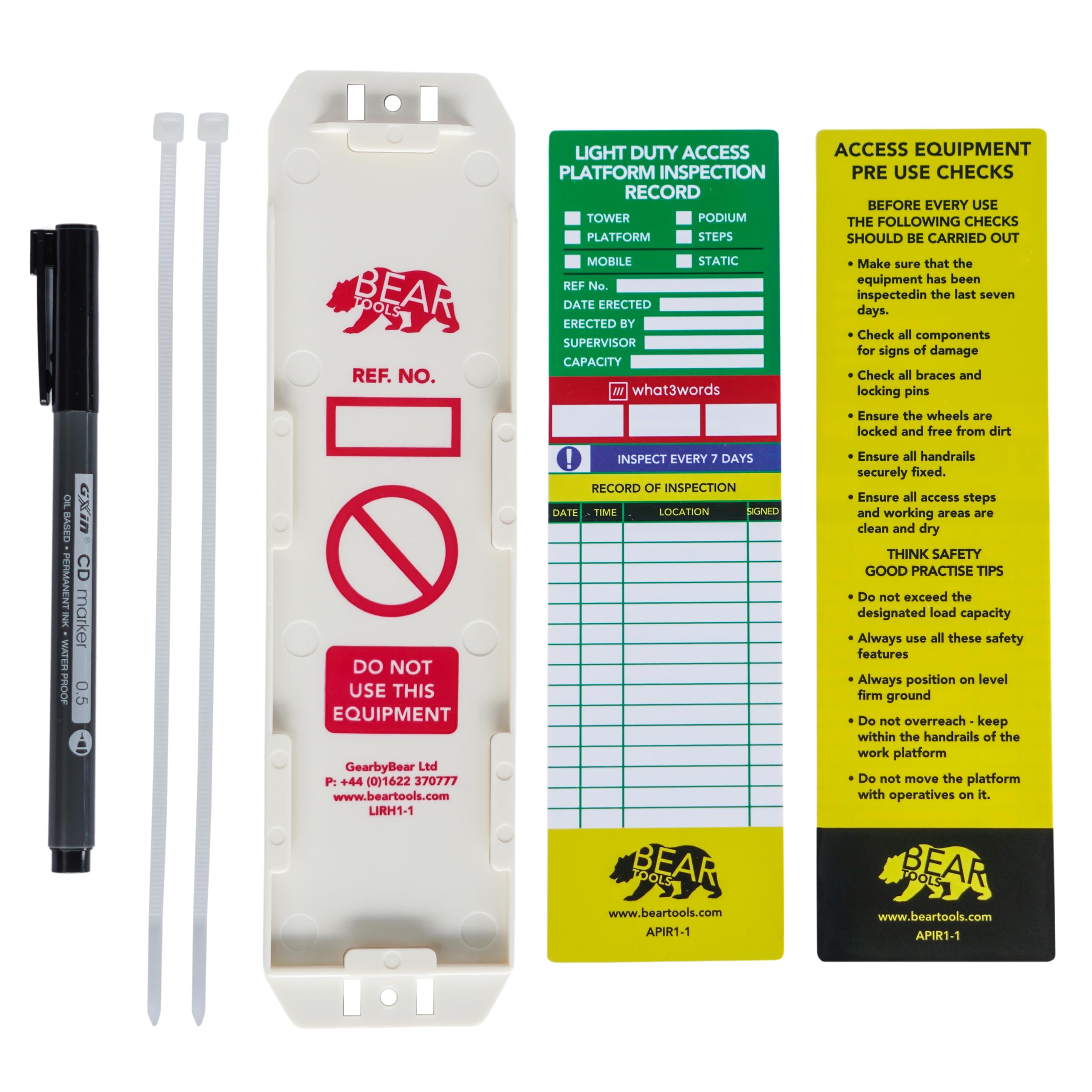 BearTOOLS Access Platform Inspection Record Kit, Weatherproof, Keep Your Tower, Podium, Steps Safe, Clear Visible Tags, For All Step Sizes, Complete With Cable Ties (Holder + 2 Inserts + Marker)