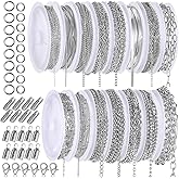 15 Rolls Stainless Steel Jewelry Chain for Jewelry Making, 111.5 Feet Necklace Chain DIY Ornaments Starter Kit with Jump Rings, Lobster Clasps and Connectors for Bracelet Pendants Anklets Supplies