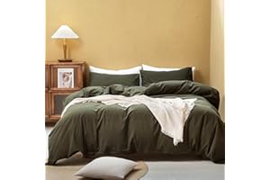 FOSSA Duvet Cover Set 100% Washed Cotton Linen Feel Super Soft Breathable Cozy 3 Pieces Bedding Sets Solid Olive Green King