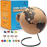 Black Cork Globe with Push Pins - 12.8” Tall Globe with Map of the World and Rotating Stand for Children or Adults, 100 Colored Push Pins - For Home, Office, Classroom, Travel, Kids