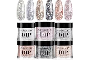 AZUREBEAUTY Dip Powder Nail Set, Silver Pink Black Golden Yellow Glitter Sparkly Shiny Chrome Platinum, 6 Colors All Seasons Dipping Powder Starter Kit Nail Art Manicure Salon, No Need Nail Lamp Cured