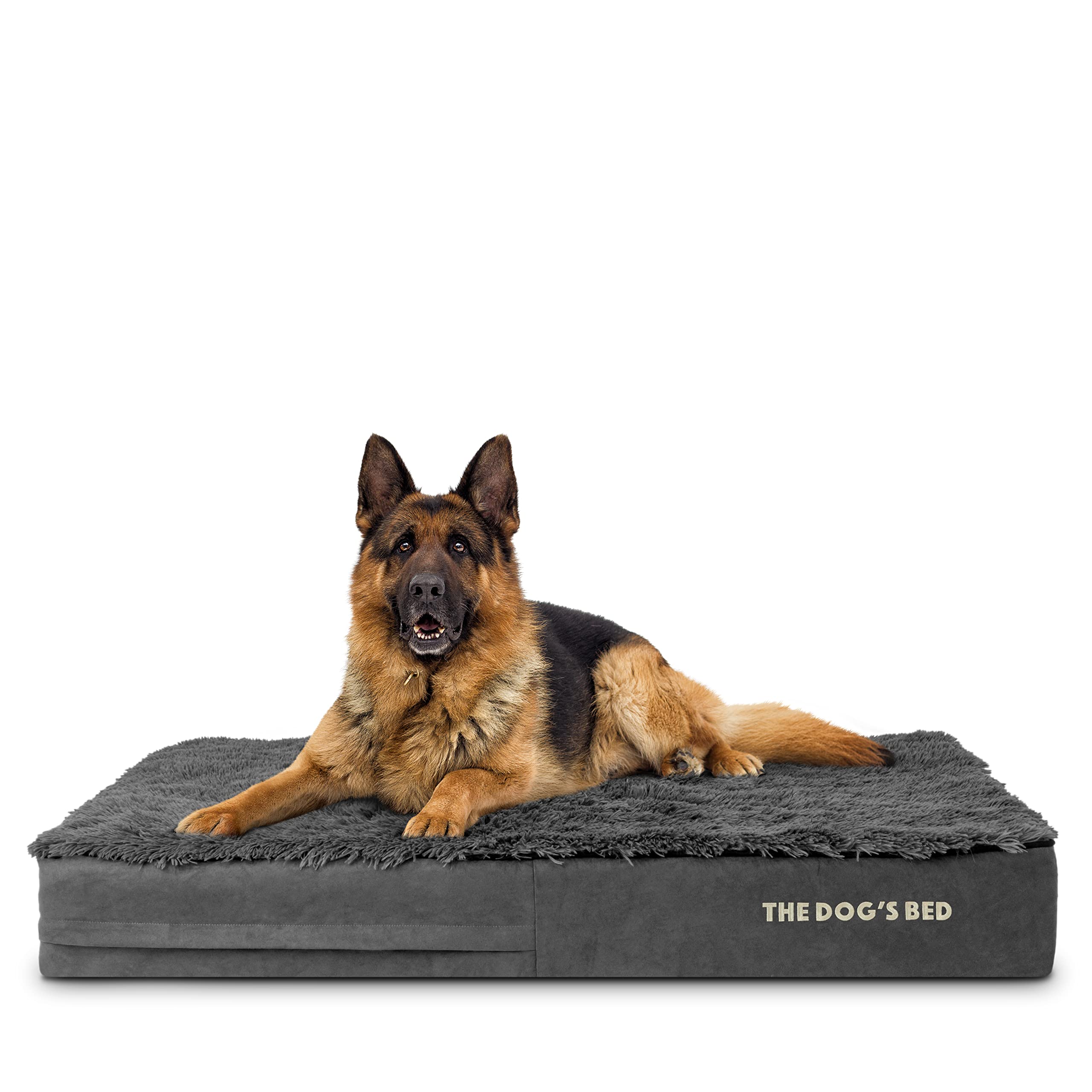 The Dog’s Bed Orthopaedic Memory Foam Dog Bed for XL Dogs, Waterproof Support Mattress, Removable Washable Cover, Pressure Relief & Joint Support, Grey Faux Fur, 15cm Thick