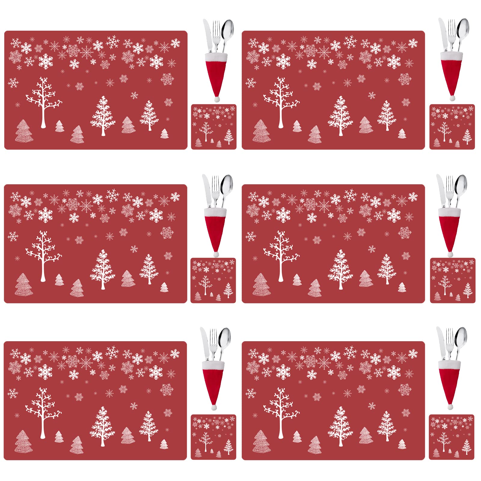Het Resistant Waterproof Christmas Placemats & Coasters Set - 18 Pcs, for Xmas Dining Table Decoration