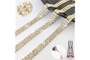 Yhsheen Rhinestone Trim with B7000 Glue, 3 Row 4 Yards Gold Rhinestone Fringe for Crafts, Rhinestone Strips Ribbon, DIY Decoration, Gold