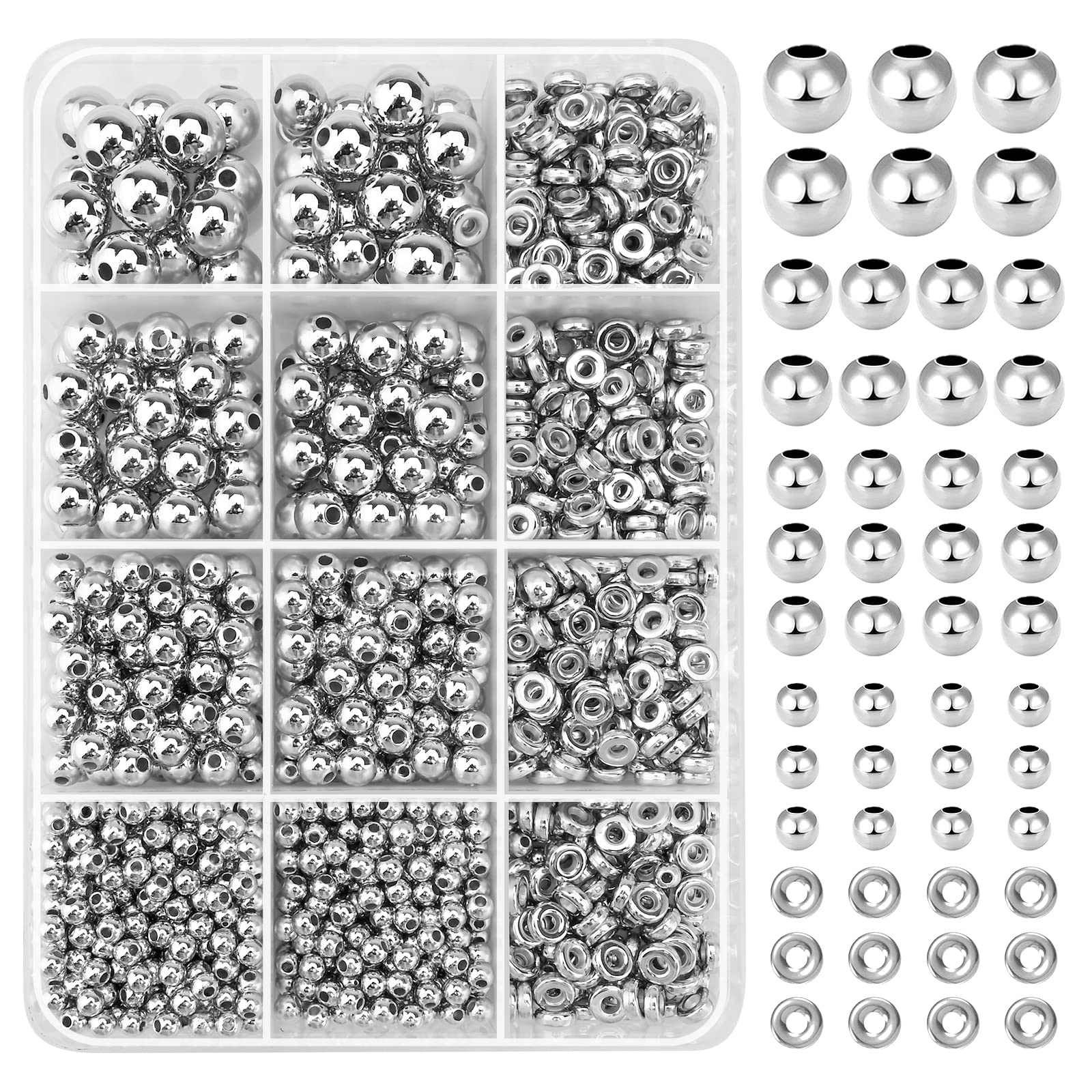 1250 Pcs Beads for Jewelry Making, Smooth Flat and Round Spacer Bead with Storage Box, Different Sizes Flat Round Beads for Bracelet, Necklace, Earring, Anklets, DIY Jewellery, Crafts Making (Silver)