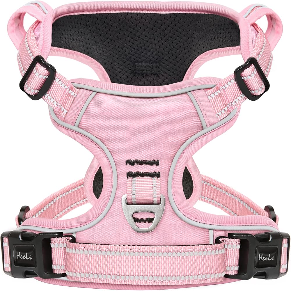 HEELE Dog Harness No Pull Reflective with Padded Handle M Pink 2 Rings