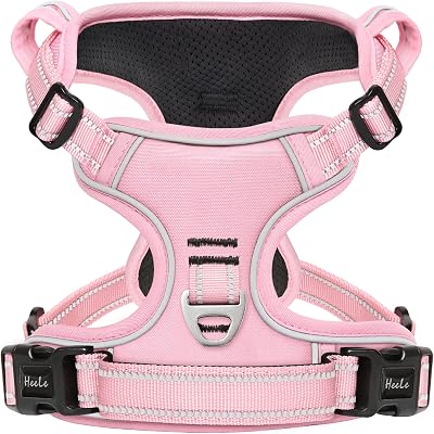 HEELE Dog Harness No Pull Reflective with Padded Handle M Pink 2 Rings
