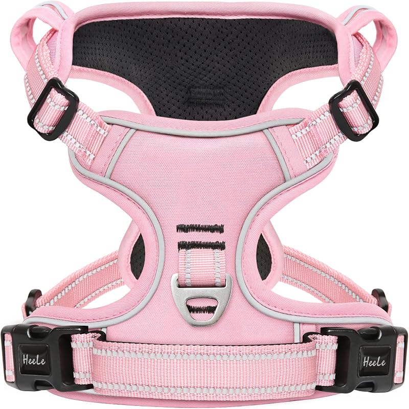 HEELE Dog Harness No Pull Reflective with Padded Handle M Pink 2 Rings