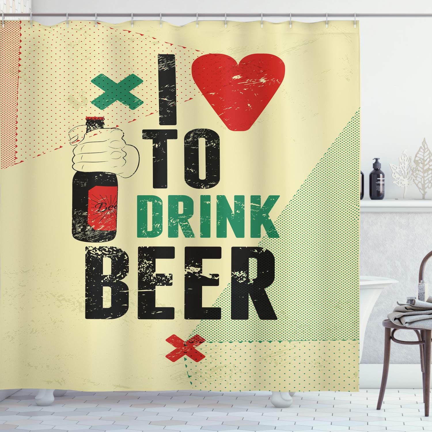 ABAKUHAUS Retro Shower Curtain, I Love to Drink Beer Calligraphy with a Hand Holding Booze Bottle Grunge Illustration, Cloth Fabric Bathroom Decor Set with Hooks, 78 Inches, Multicolor — image 1