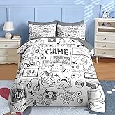 Nesker 7 Pcs Comforter Set Full Size, Computer Games Doodles Bedding for Kids Teen, Gamer Gaming Black with Fitted Sheet 2 Pillowcases & 2 Shams for Bedroom Bed Decor