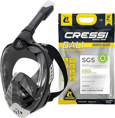 Cressi Bali Full Face Snorkel Mask Panoramic Dry-Top Set Adults Black Grey L-XL
