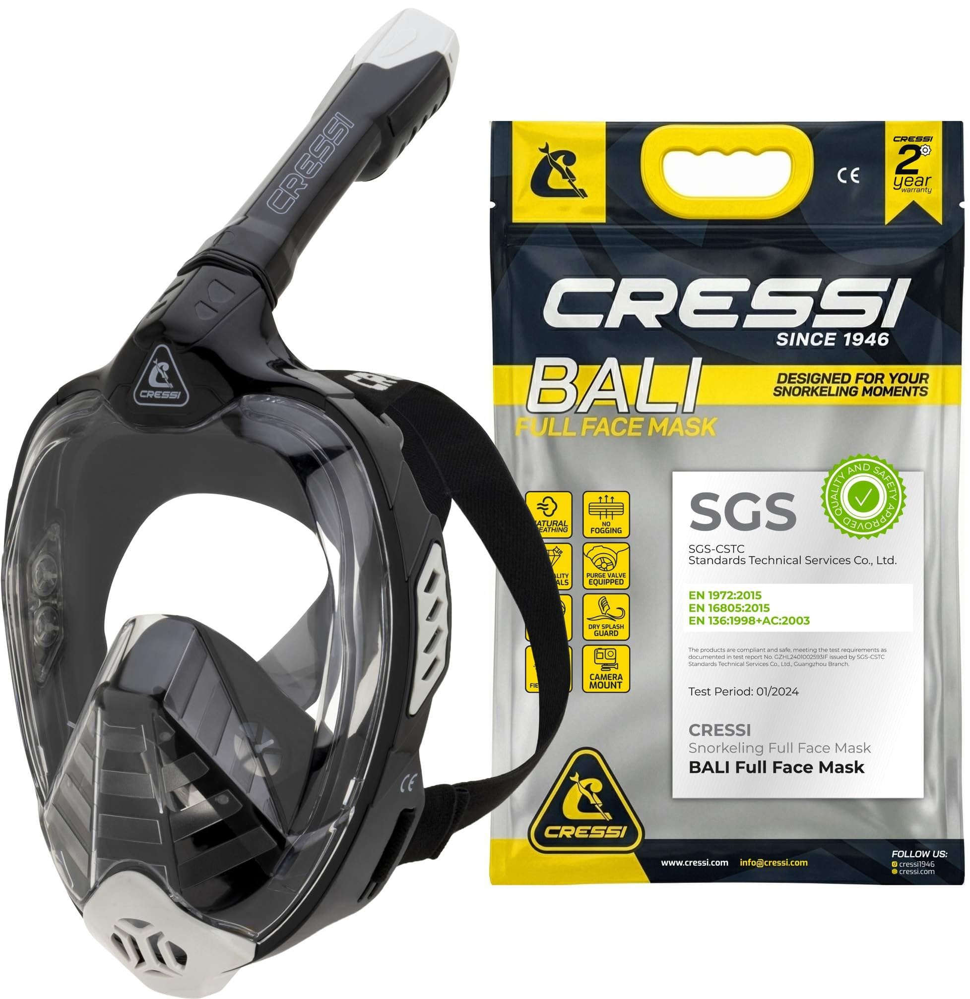 Cressi Bali Full Face Snorkel Mask - Panoramic Diving Mask - Dry-Top Snorkel Set for Adults - Leak-Free Scuba Equipment - Black/Grey - L-XL