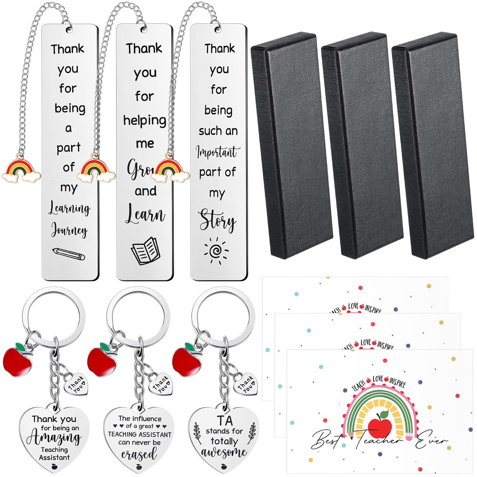 Otuuz 12 Pcs Teaching Assistant Gift Set Stainless Steel Keyring, Cards, & Bookmarks Perfect Teacher Leaving Gifts for Christmas Birthday Thanksgiving