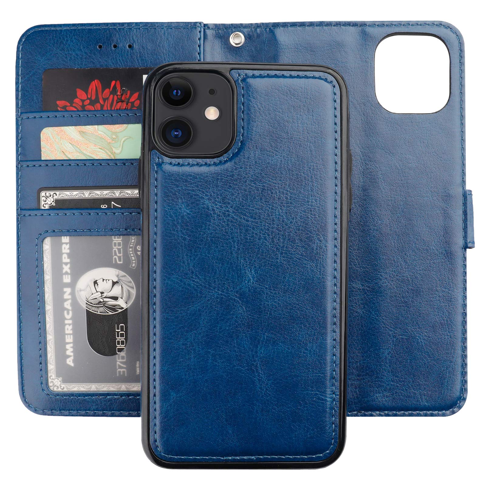 Photo 1 of Bocasal for iPhone 11 Wallet Case with Card Holder PU Leather Magnetic Detachable Kickstand Shockproof Wrist Strap Removable Flip Cover for iPhone 11 6.1 inch (Blue)