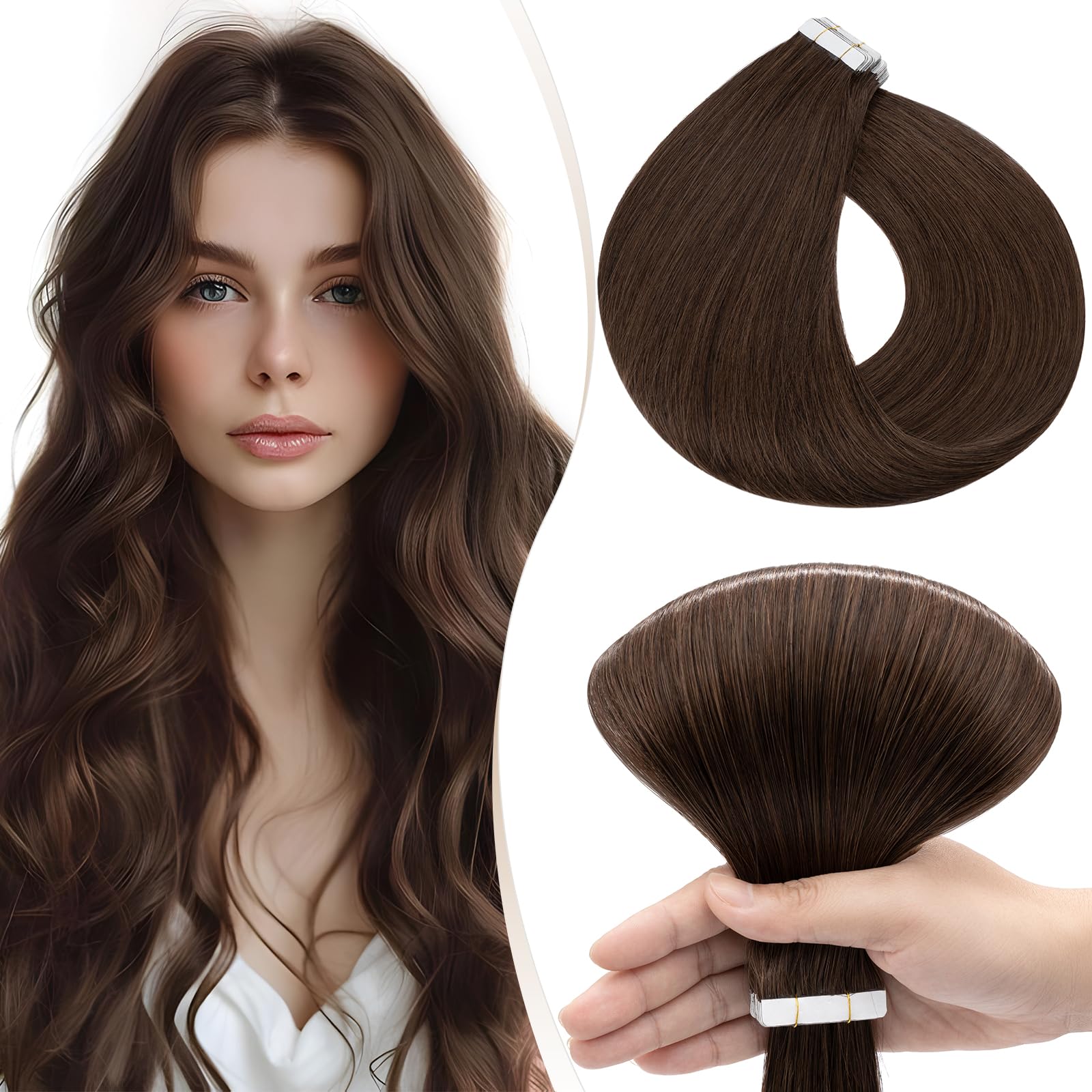 Elailite Tape in Hair Extensions Human Hair Real Human Hair 10 Pcs Invisible Thin Type - Seamless Skin Weft Remy Hair Extension (#4 Medium Brown, 20 Inch-15g) โ image 1