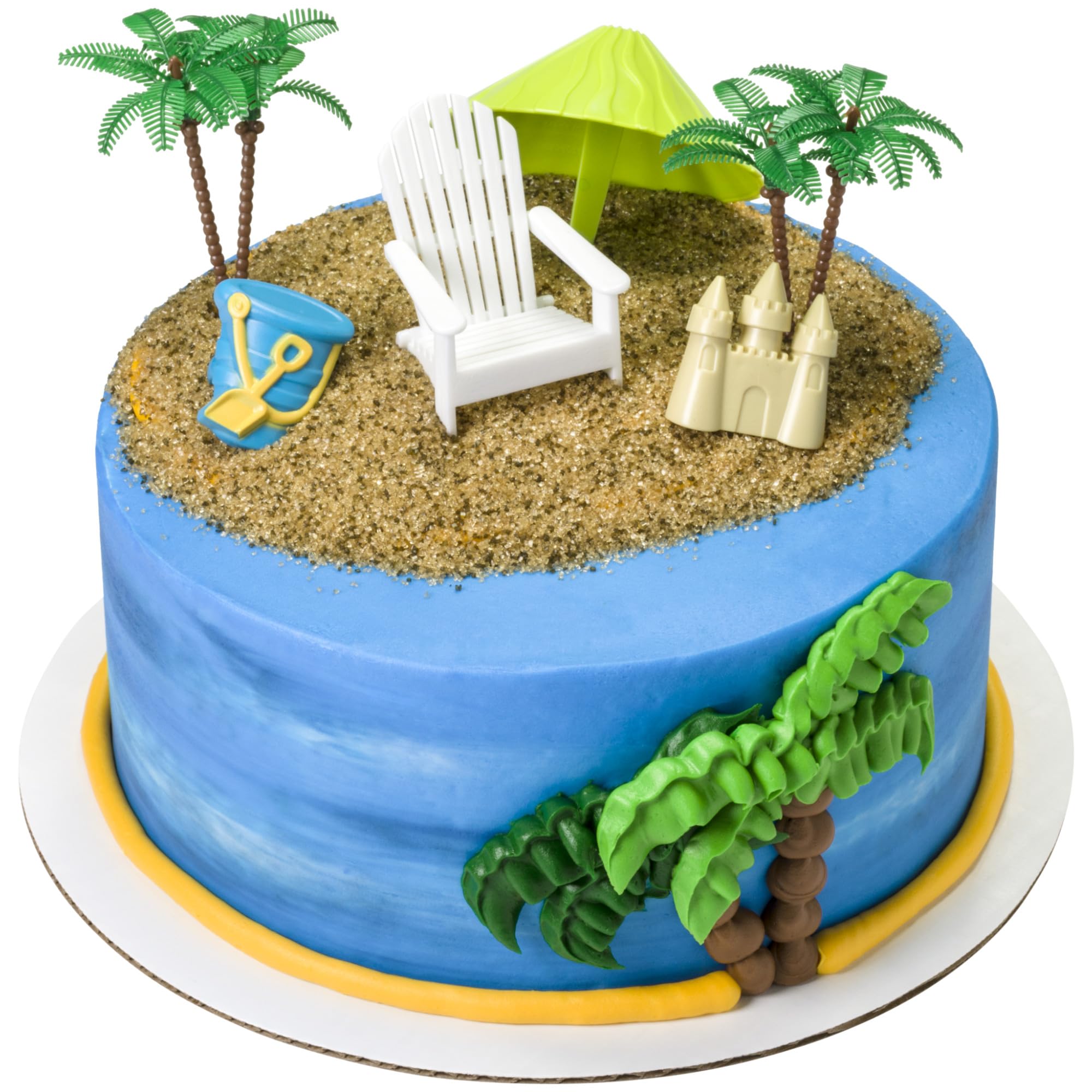 DecoSet® Beach Chair and Umbrella Tropical Beach Cake Decoration, 6 Piece Cake Topper Set, Palm Trees, Deck Chair, Beach Umbrella, Sand Castle and Bucket, Food Safe,