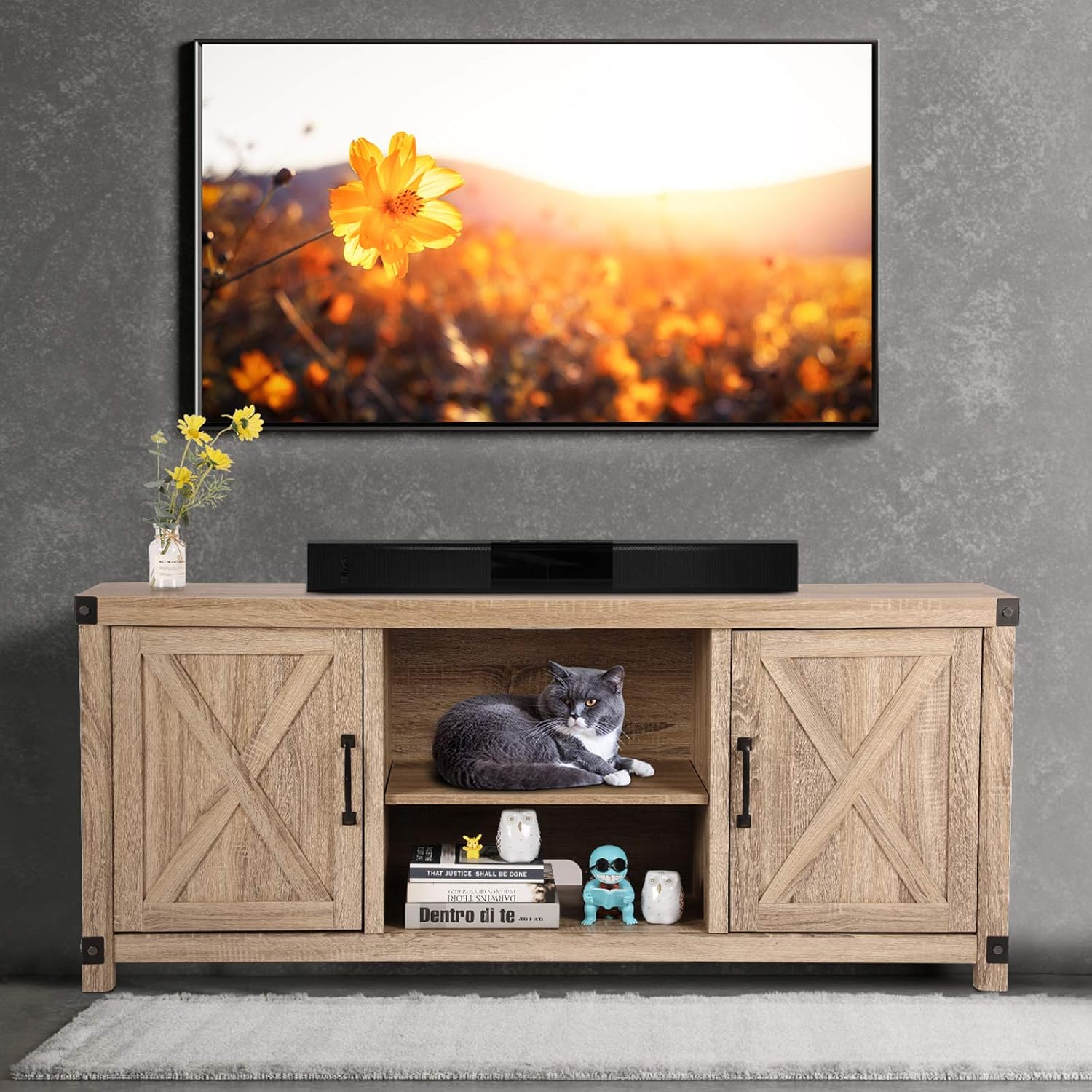 TV Console Cabinet for TVs up to 65 Inch W/Media Shelves, Farmhouse TV Stand Style Entertainment Center for Soundbar or Other Media, Barn Door TV Stand with Storage for Living Room, APRTS02L: Electronics