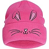 Kids Winter Beanie with Cute Rabbit Embroidery, Warm Knit Hat & Foldable Cuff for Girls Age 7-12 (Cozy Gift)