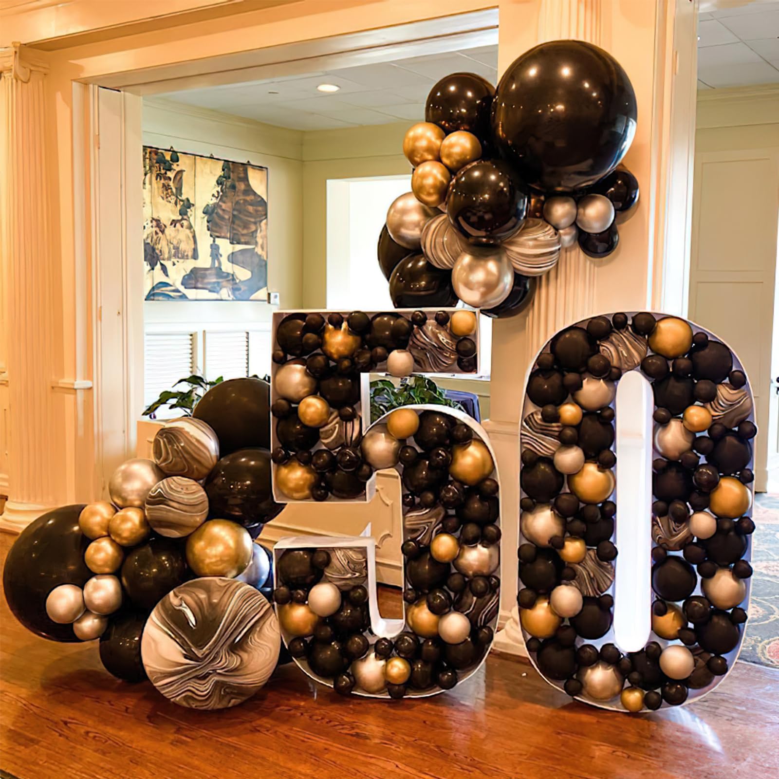 PartyWoo 140 pcs Black and Gold Balloon Arch Kit, Black and Gold Balloons Garland with 4D Marble Balloons, Chrome Metallic Silver Balloons, Star Garland for Birthday Decorations, Retirement Party