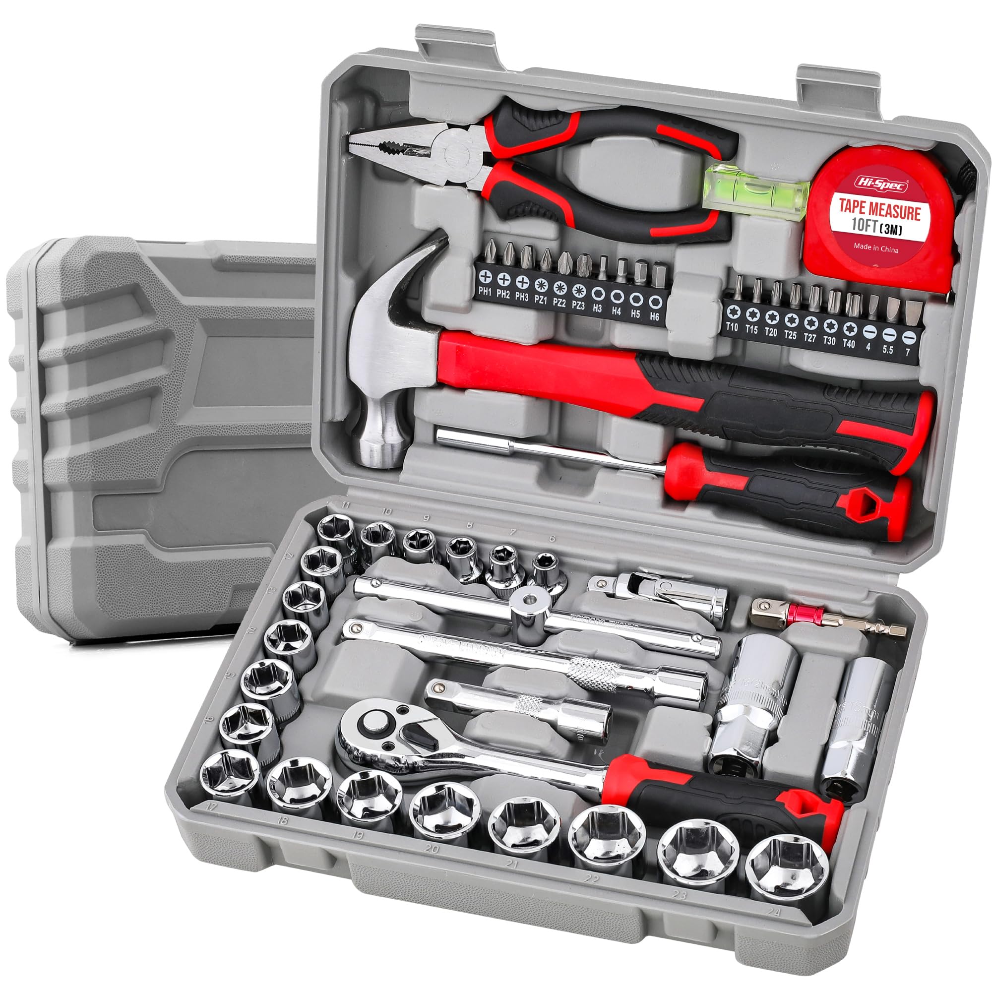 Hi-Spec 52pc Home Garage Mechanics DIY Tool Kit Set. Metric Sockets, Ratchet Wrench, Screwdriver Bit Set, Pliers and Spark Plug Accessories in a Portable Toolbox Case Image