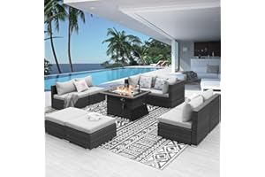 NICESOUL® Large Size PE Rattan Outdoor Patio Furniture Sectional Sofa Sets with Fire Pit Table Outdoor Wicker Conversation Sets Modern Luxury High Back Gray Color