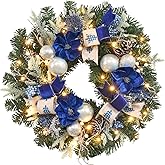 22inch Pre-Lit Christmas Wreath for Front Door with Timer 25 Lights,Silver Blue Lighted Christmas Wreath for Fireplace Window Table Centerpiece in and Outdoor Holiday Decoration,Magnolia Winter Decor