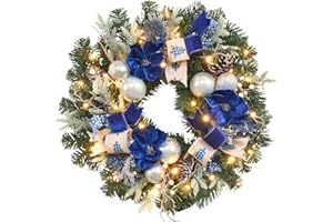 VOFULY 22inch Pre-Lit Christmas Wreath for Front Door with Timer 25 Lights,Silver Blue Lighted Christmas Wreath for Fireplace Window Table Centerpiece in and Outdoor Holiday Decoration,Magnolia Winter Decor