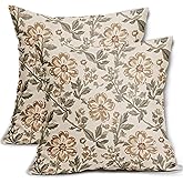 Vintage Floral Block Print Pillow Covers 18x18 Inch Set of 2, Brown Olive Green Antique Flower Pattern Decorative Throw Pillowcases Outdoor Farmhouse Cushion Covers Art Decor for Sofa Couch Bed