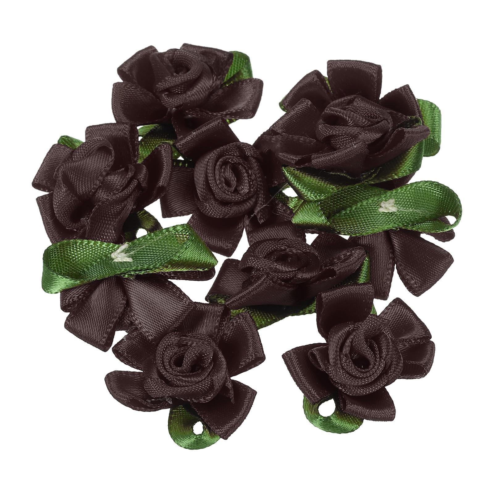 PATIKIL Mini Satin Ribbon Roses, 20 Pcs Small Rosettes Fabric Flowers with Green Leaves for Craft Projects Embellishments Applique, Coffee
