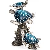 Corner Merchant Triple Sea Turtle Statue &ndash; Ocean Decor Figurine with Coral Reef Base | Coastal Tabletop Accent in Bronze, Silver &amp; Pacific Blue | Beach House Nautical Room Decoration (9.5" x 7.25")