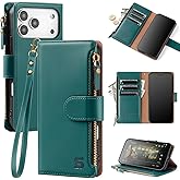 Shieldtop Compatible with iPhone 17 Pro Max Wallet Case with Card Holder,Women Men RFID Blocking PU Leather Flip Cover Wrist Strap Zipper Credit Card Slots,Phone Case for Apple 17 Pro Max,Blue Green