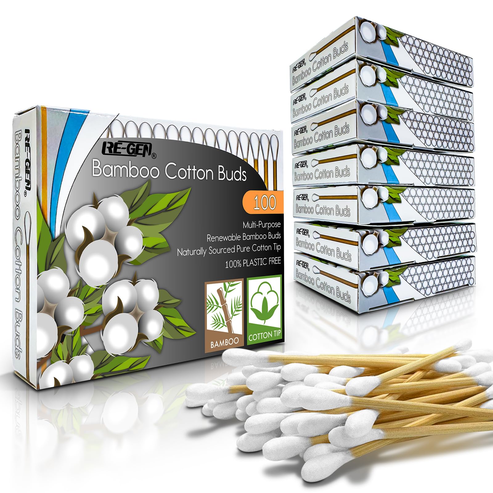 RE-GEN Bamboo Cotton Buds 800 Pack (8x 100pc Box) | 100% Natural Cotton Wool Tips | Biodegradable Compostable Bamboo Ear Buds | Eco-Friendly Recyclable Plastic Free