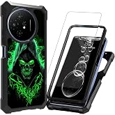 FKIUBWRY for TCL 50 XL 5G Phone Case,for TCL 50 XL Nxtpaper 5G Phone Case with Screen Protector [Tempered Glass],Dual Layer Protection Heavy Duty Shockproof,Reinforced Corners,Green Glitter Skull