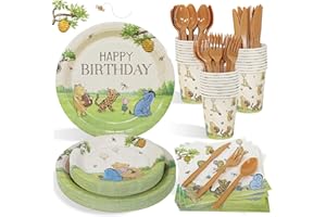 Winnie Birthday Decorations Plates Set, 175PCS Classic Pooh Happy Birthday Plates Cups Napkins Cutlery for 25 Guests