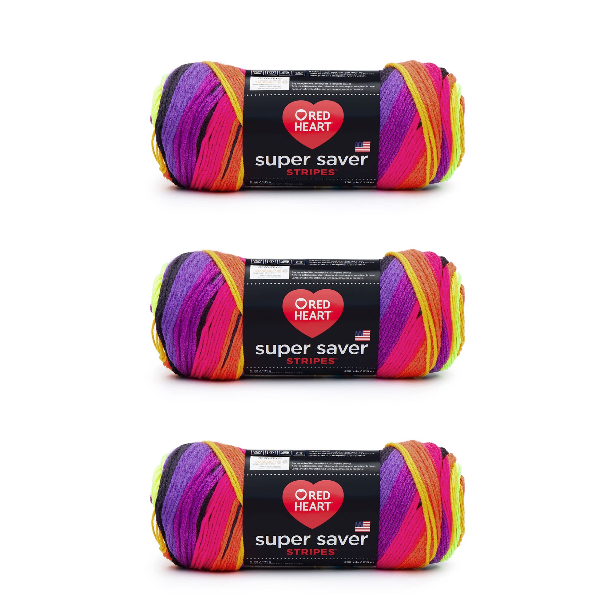 Red Heart Super Saver Yarn, 3 Pack, Bright Stripe 3 Count