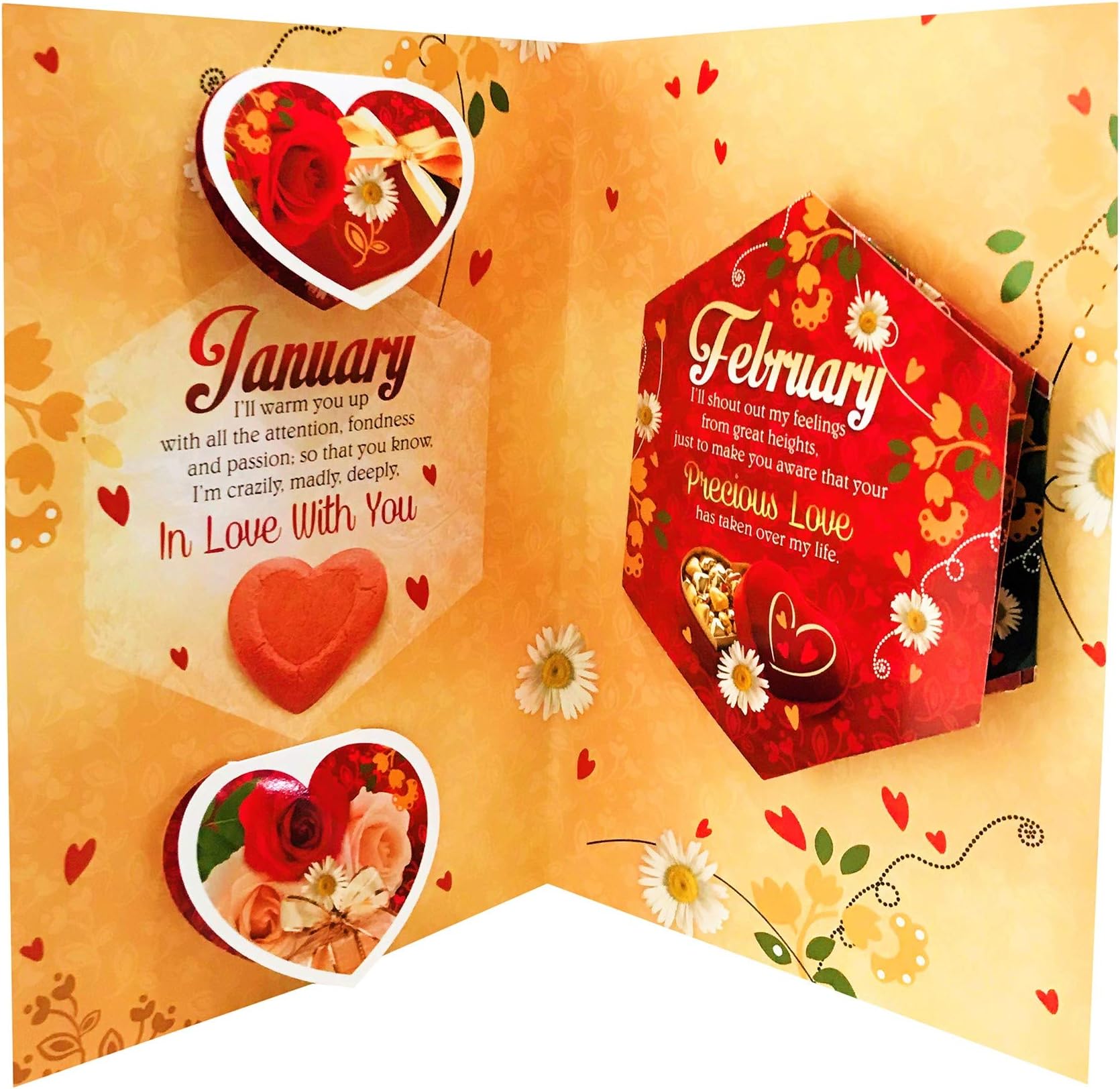 Almoda Creations® Valentine's Day Exclusive Pop up & Multi-Folds Greeting Card with Fancy Love Bag (Loving You Through The 12 Months…Time After Time | with Love Bag)