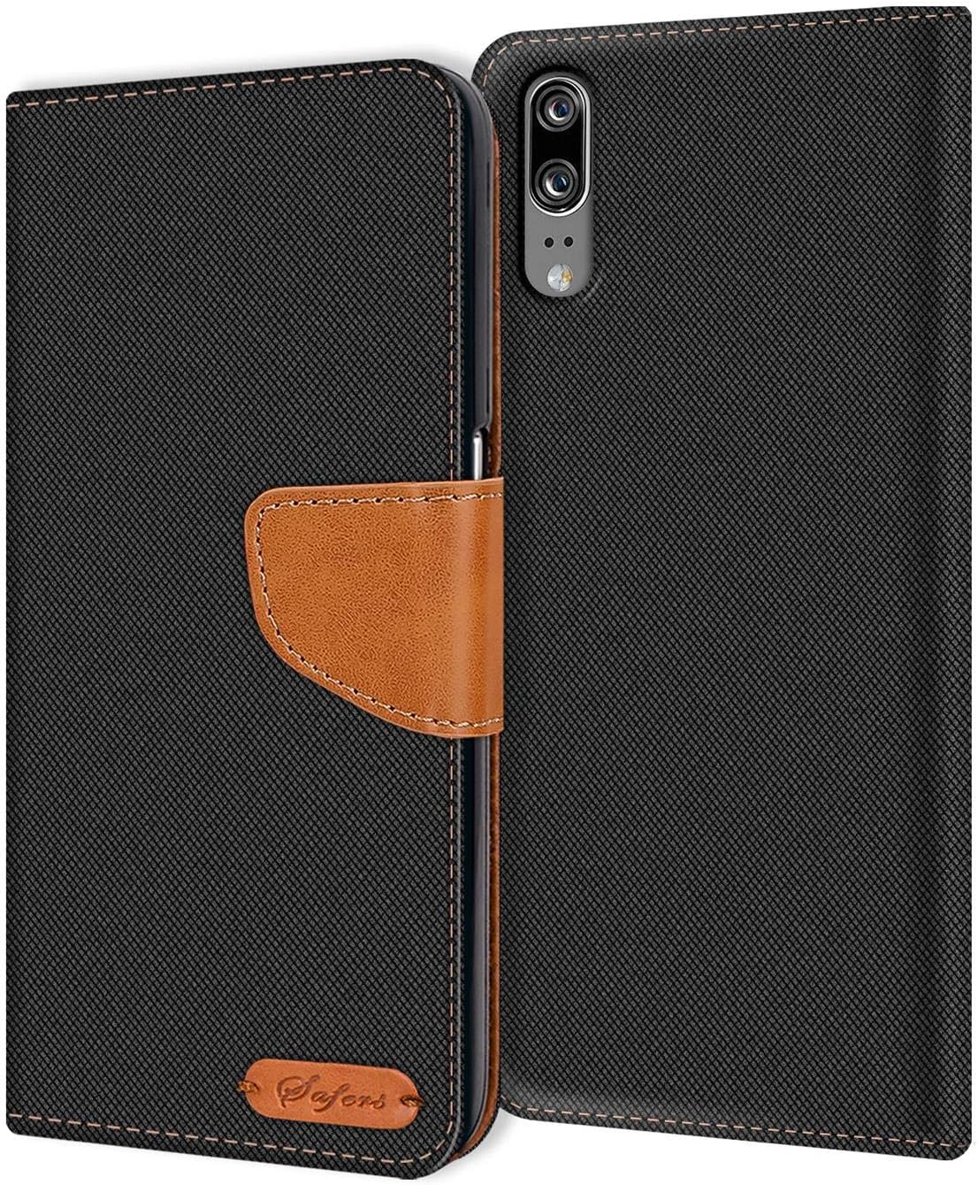 Verco Phone Wallet Case compatible with the Huawei P20, Canvas Faux Leather Book Cover for the P20 Flip Case Bag Hinged - Black