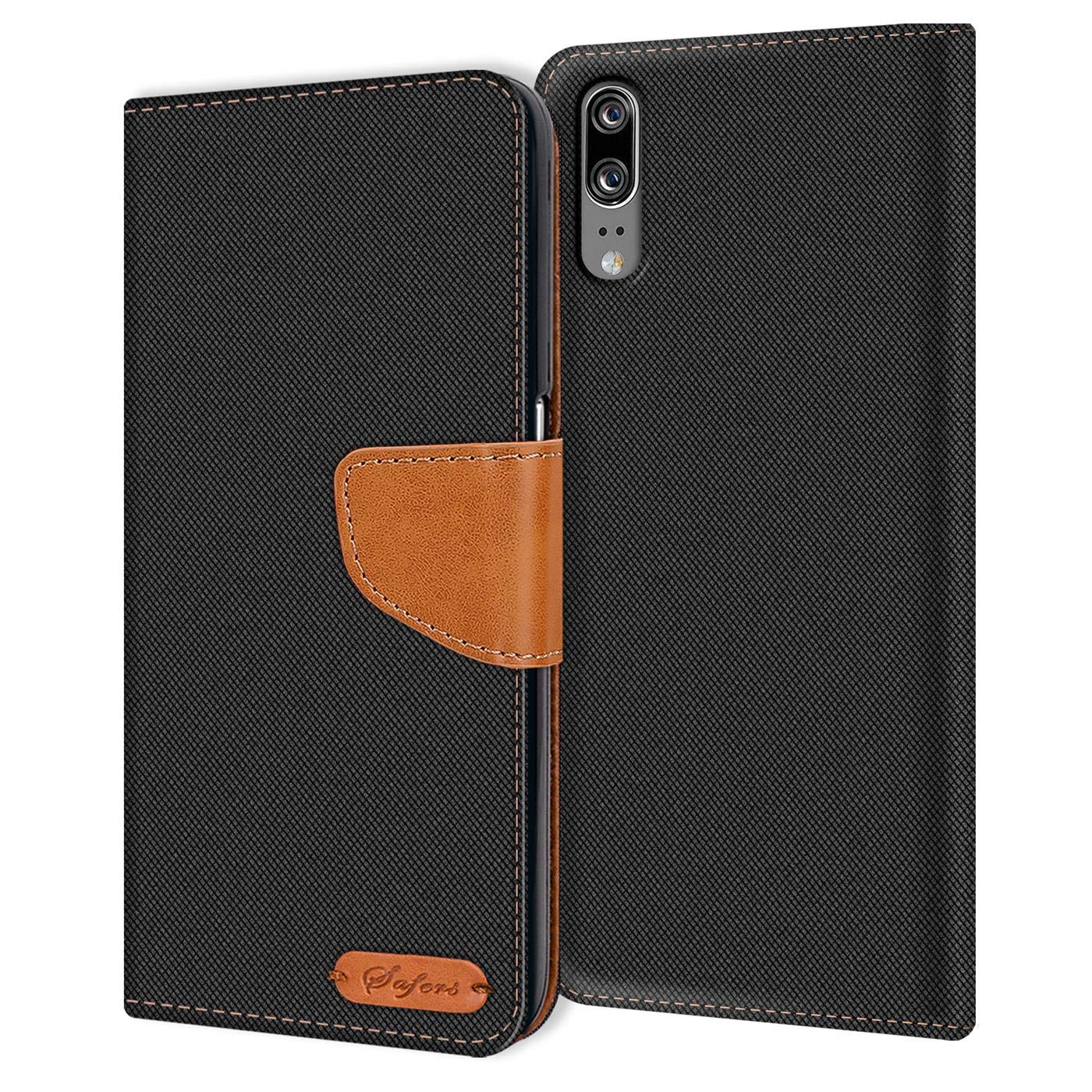 Verco Phone Wallet Case compatible with the Huawei P20, Canvas Faux Leather Book Cover for the P20 Flip Case Bag Hinged - Black