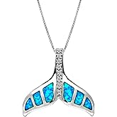 Honolulu Jewelry Company Sterling Silver Whale Tail CZ Accented Necklace Pendant with Simulated Blue Opal and 18" Box Chain