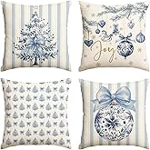 AVOIN colorlife Blue Stripe Christmas Tree Balls Bow Throw Pillow Cover, 16 x 16 Inch Seasonal Snowflake Winter Holiday Cushion Case Decoration for Sofa Couch Set of 4