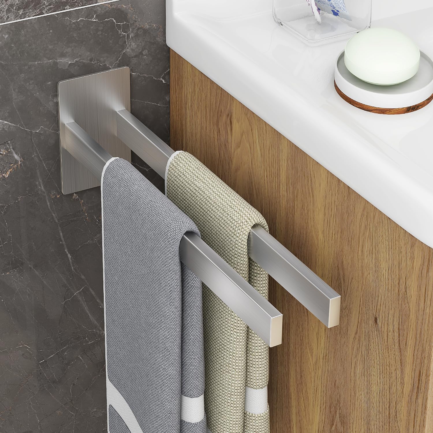 Giookuj Towel Rail No Drilling Stainless Steel Towel Holder for Gluing/Drilling Towel Rail Double for Bathroom, Bedroom, Kitchen, Silver