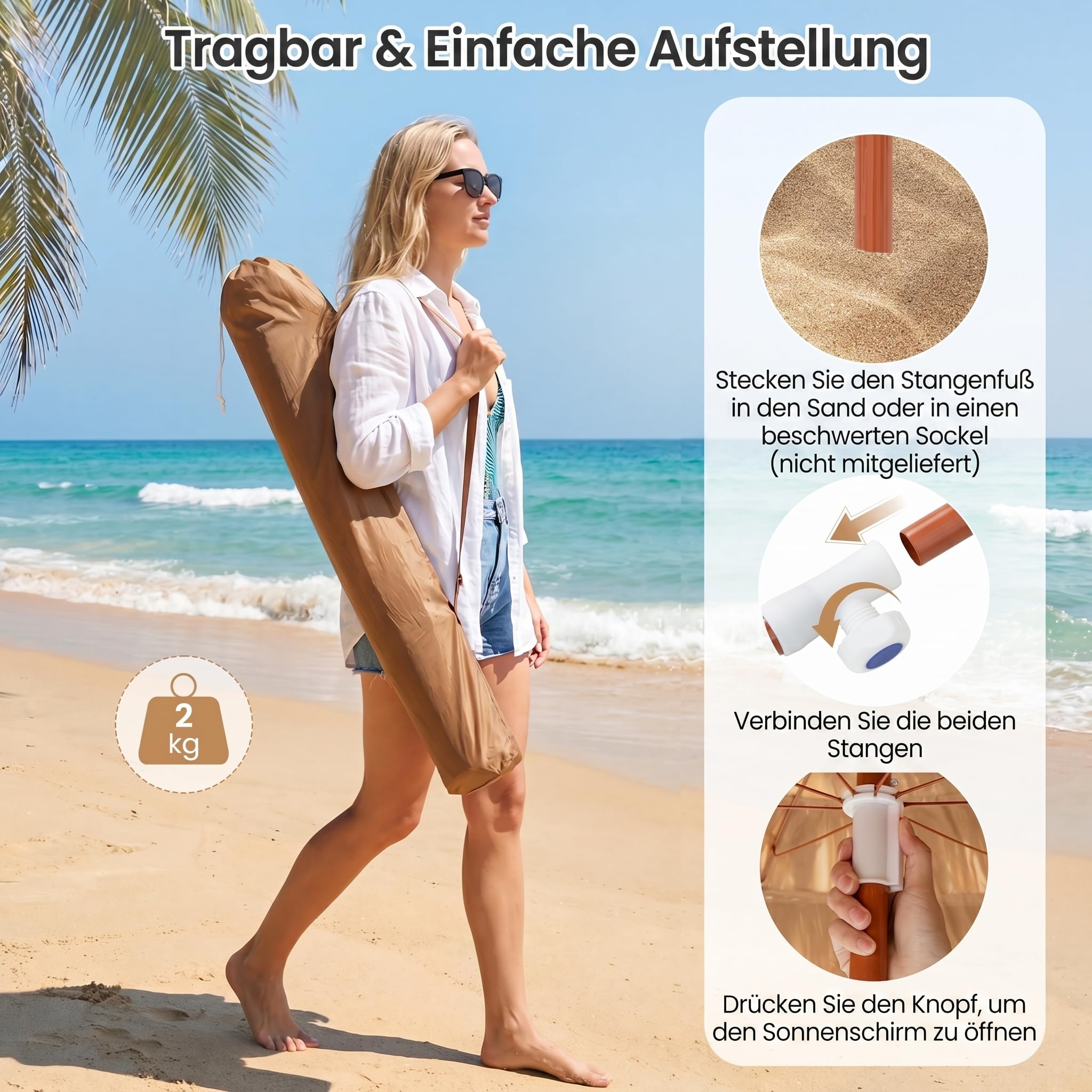 GOPLUS Sonnenschirm Hawaii, Ø 155 cm Sonnenschirm Stroh von 140-190 cm Höhenverstellbar, Strohschirm um 40° knickbar, Hawaii Schirm mit Tragetasche, Strandschirm für Strand, Balkon & Garten 5