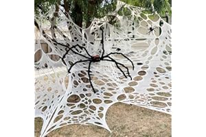TYL&TYS Halloween Spider Web Decorations Outdoor Indoor, 450 Sqft Beef Netting Super Stretchy DIY White Cobweb with Stakes for Haunted House Outside Yard Tree Halloween Party Decor（1 Pack）
