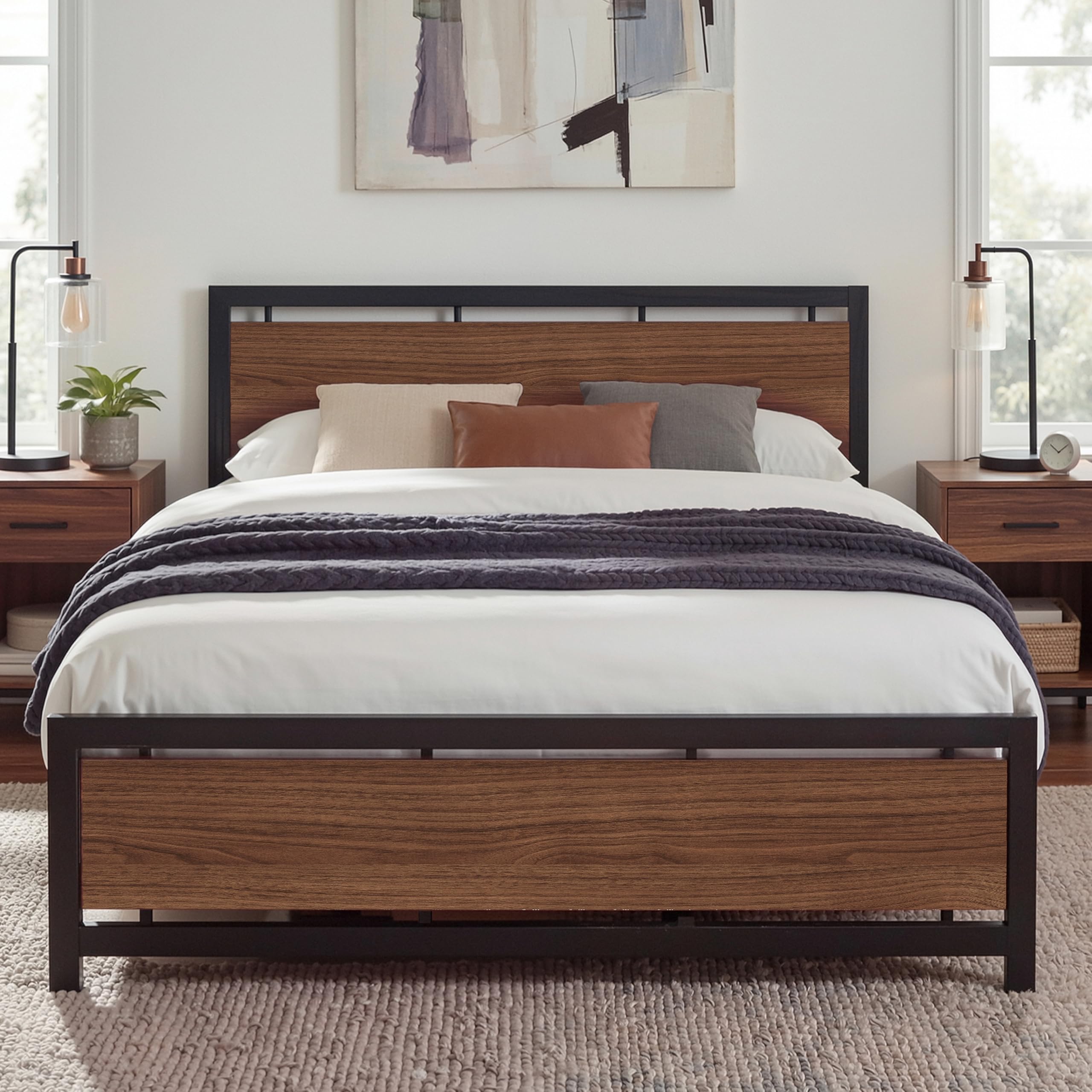 LIKIMIO King Bed Frame with Headboard and Footboard, Metal Strong Supports, Easy Assembly, Noise-Free, No Box Spring Needed, Dark Walnut Image