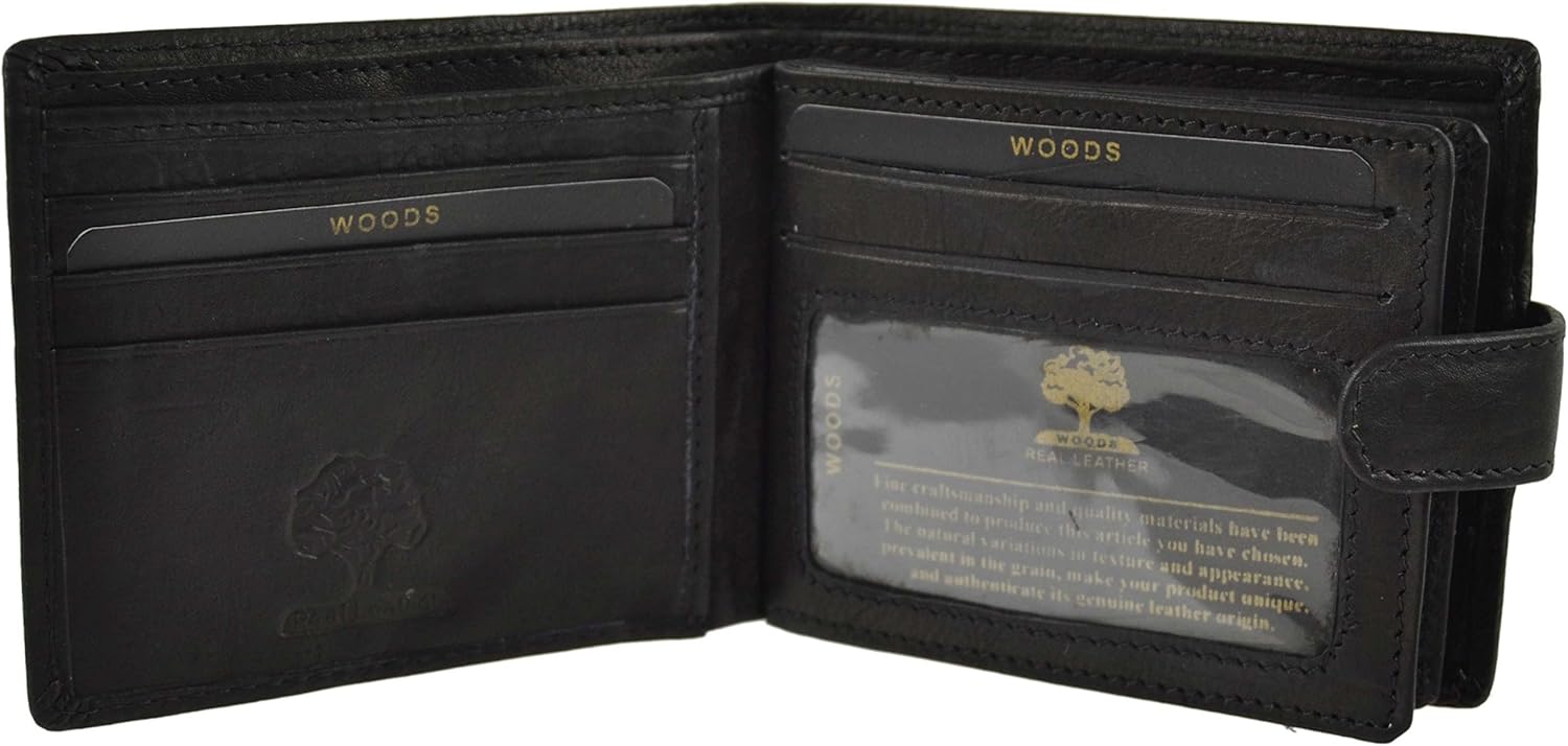 Woods Mens Leather Tabbed Bi-Fold Wallet Change Section Value Gift Box (Black) - Image 4